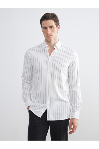 Lcw Vision Ekru Slim Fit Uzun Kollu Çizgili Erkek Gömlek