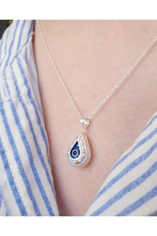 925 Ayar Gümüş Damla Model Nazar Boncuklu Gümüş Kolye