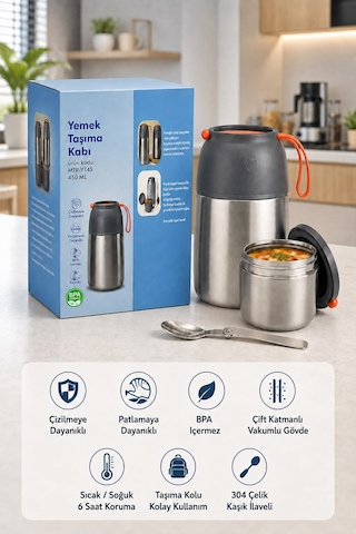 450 Ml Paslanmaz Çelik Sızdırmaz Termos Yemek Taşıma Kabı / Sefer Tası Beslenme Kutusu Çelik Rengi