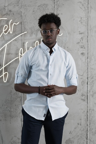 Advante Çizgili Yaka Düğmeli Katlamalı Kol Pamuklu Slimfit Yazlık Keten Gömlek Mavi