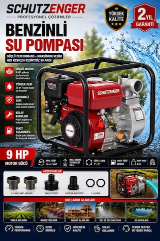 9 Hp 3 Inç Çıkışlı Benzinli Su Pompası 200 Mt Yatay Su Basar 4 Zamanlı Motor Turbo Güç Kırmızı