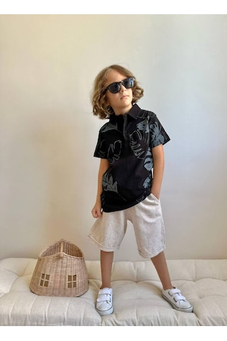 Jolly Kids Erkek Çocuk Polo Yakalı Keten Şortlu Takım Siyah