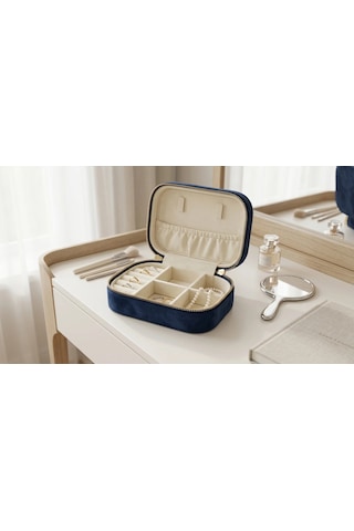 Takı Kutusu Düzenleyici Seyahat Çantası Kolye Yüzük Küpe Organizer Kadife Lacivert 12cmx8cm