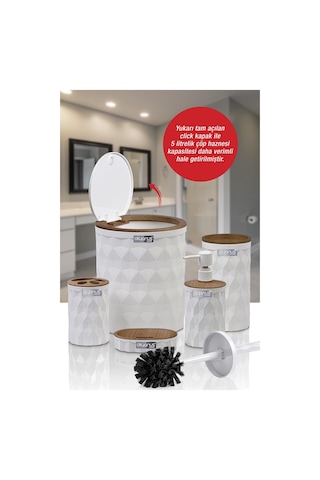Okyanus Home Diamond Beyaz Ahşap Click Kapak 5'li Banyo Seti Beyaz