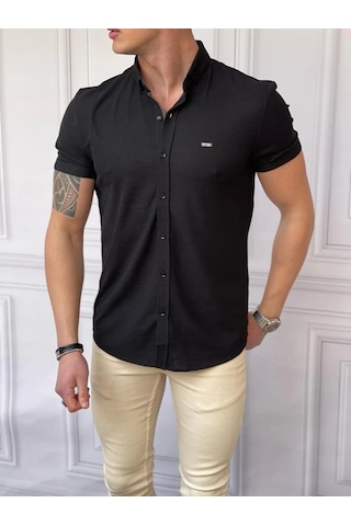 Modefendi Slim Fit Pamuk Örme Polo Yaka Kısa Kollu Gömlek Siyah