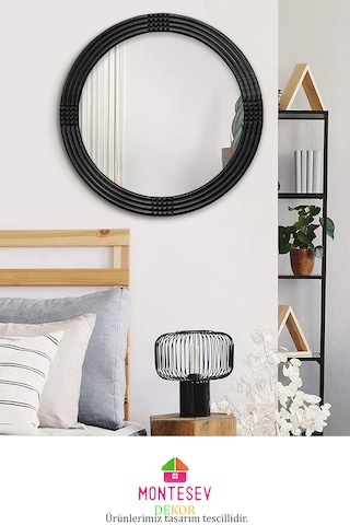 Safir Ahşap Siyah Yuvarlak Ayna Işlemeli Duvar Banyo Aynası 43 Cm Siyah