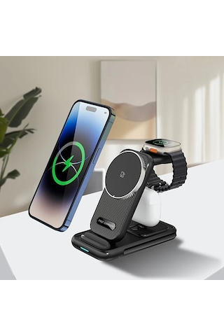 Motion003 Taşınabilir Çok Fonksiyonlu Katlanabilir Usb C Kablosuz Şarj Standı Siyah Telefon Tablet Akıllı Saat