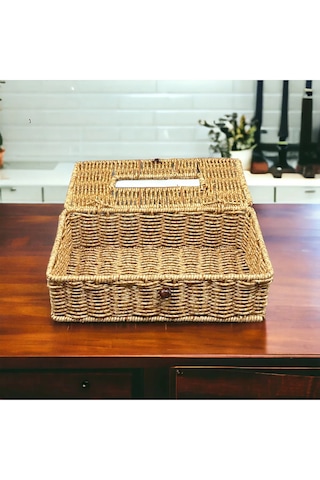 Hasır Rattan Peçetelik Saklama Kutusu Organizer Kare Büyük