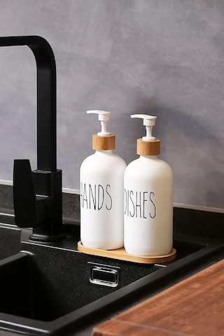 Beyaz Cam İkili Sıvı Sabunluk Seti 500 Ml Bambu Altlıklı Beyaz