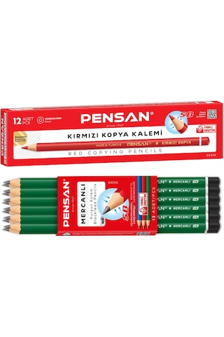 Pensan Mercanlı Kurşun Kalem Hb 12'li + Kırmızı Kopya Kalemi 12'li Siyah