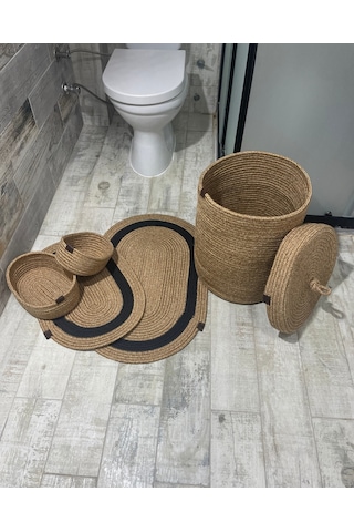 Jüt Hasır 5li Banyo Seti - Siyah Çizgili Siyah