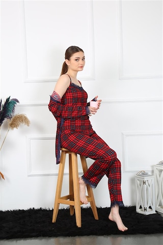 İbrahim Burak Etiler Collection Moda Çizgi Kadın 3'lü Ekoseli Sabahlık Takım 16106 Kırmızı