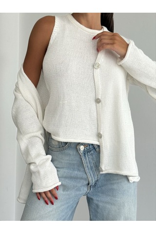 Kadın Giyim İkili Bluz Hırka Triko Takım Optik Beyaz Renk Ekru