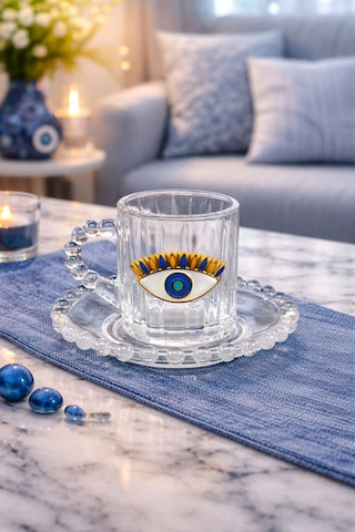 6 Kişilik Cam Boncuk Modelli Nazar Göz Kahve Fincan Takımı Seti 100ml Şeffaf