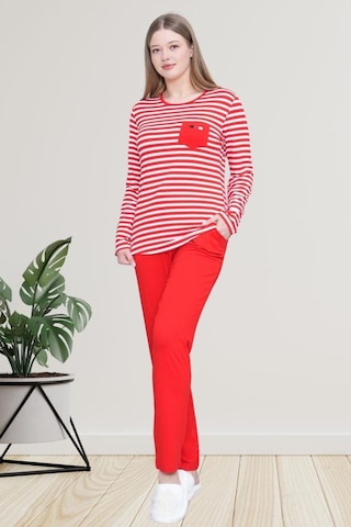Mecit Pijama Mecit 6201 Kırmızı Çizgili Büyük Beden Kadın Pijama Takımı Kırmızı