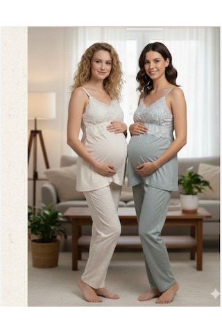 Bone Club Keten Penye Hamile Lohusa 3'lü Pijama Sabahlık Takım Yeşil