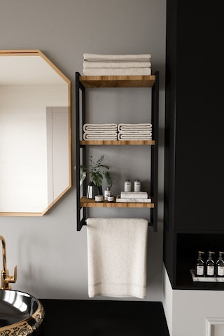 Aju Havluluk Duvar Rafı 3 Katlı Raf Banyo Mutfak Düzenleyici Modern Geniş Depolama Rafı Şık Havlu Askıssı Siyah