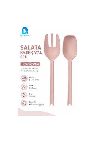 Salata Kaşık Çatal Seti 2 Li Büyük Boy 29 Cm Pudra Pembe Plastik Servis Kaşığı Ve Çatalı