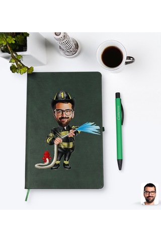 Kişiye Özel Erkek İtfaiyeci Karikatürlü Yeşil Termo Deri Defter K
