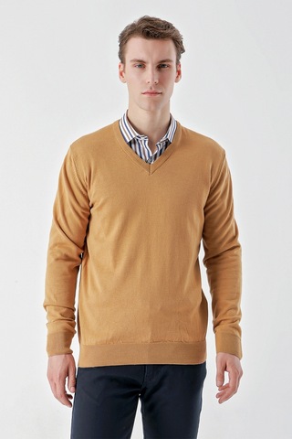 Morven Erkek Camel Basic V Yaka Dynamic Fit Rahat Kesim Triko Camel