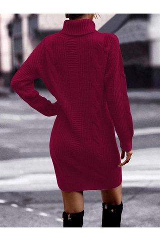 Aqe Fashion Saç Örgü & Selanik Örgü Desenli, Links Detay, Boğazlı, Uzun Kollu, Sırt Detay Desenli Bordo Triko Elbise Tunik Bordo