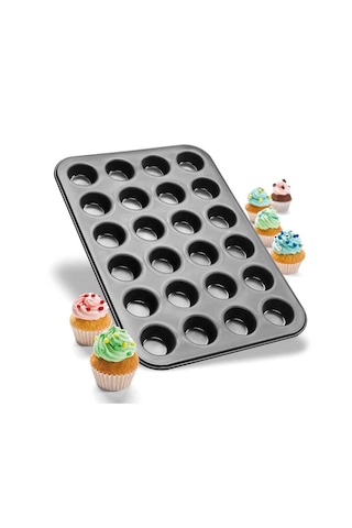 24 Gözlü Metal - Siyah Düz Muffin - Kek Kalıp 5523 12v