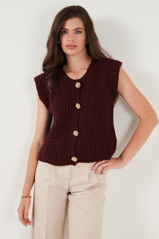 Lela Premium Oversize Fit Bisiklet Yaka Düğmeli Örgü Bayan Yelek 680Yl1416 Bordo