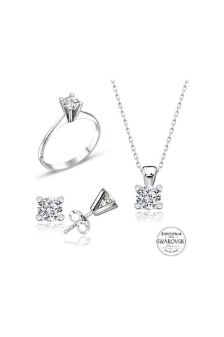 Sertifikalı Swarovski Taş Zarif Tek Taş 925 Gümüş Set Takım