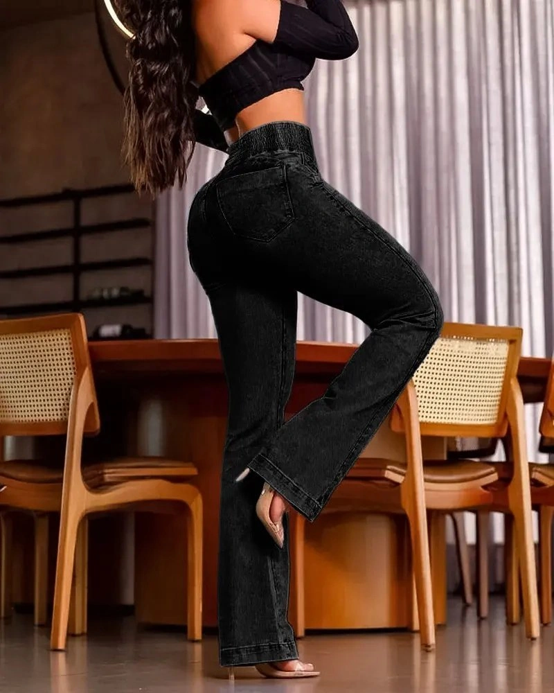Amorluxe Kadın Yüksek Bel Yanları Lastik Önü Düğmeli Kot Pantolon Siyah