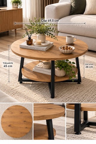 Yuvarlak Orta Sehpa 69,5 Cm İki Katlı Raflı Metal Ayaklı Modern Dekoratif Salon Sehpası Çam
