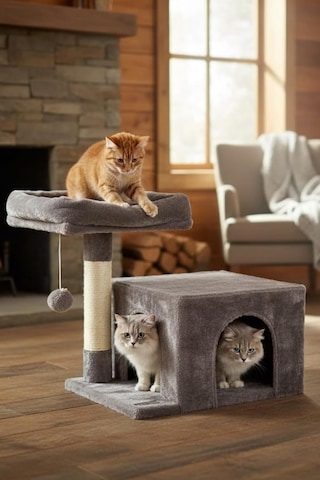 Pet Kedi Tırmalama Tahtası Stepli Yuvalı Antrasit, Kedi Tırmalama Evi, Kedi Oyun Evi