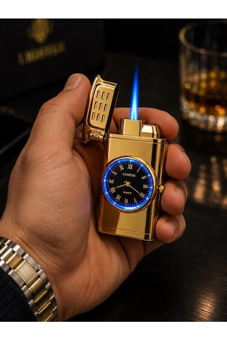 Premium Saatli Ledli Metal Çakmak Özel Lüks Çakmak Prestij Hediye Dolu Gönderim Gold