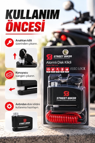 Alarmlı Disk Kilidi 110 Desibel - Titreşim Sensörlü Motosiklet Bisiklet Elektrikli Scooter E Bisiklet