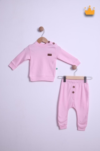 Babyhola Pamuk Düğmeli Sweat Düğmeli Pantolon Takım 236311 Pudra