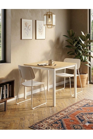 Kompakt Yemek Masası 72x88 Cm Beyaz Metal Gövde & Ahşap Desenli Üst Tabla