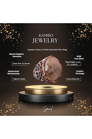 Gerçek Doğal Safir Taş Yüzük, Denizci Yüzüğü, 14.25 Karat, Çapa Yüzüğü, Gümüş Sterling Gümüş