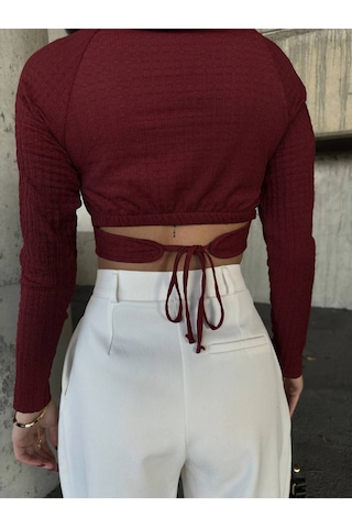 Lymens Şık Ve Modern Burgu Sırt Detay Crop Uzun Kollu Bisiklet Yaka Bluz Bordo