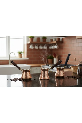 Ludıa Otantik İşlemeli 3 Adet El Yapımı Eskitme Bakır Cezve Set