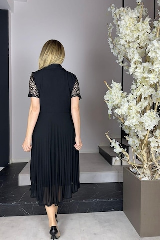 G0924 Kolları Dantel Piliseli Elbise Siyah-siyah