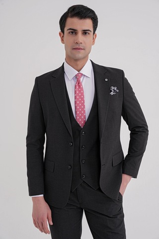 Efor Slim Fit Çift Yırtmaç Ekoseli Esnek Yünlü Yelekli Klasik Siyah Takım Elbise Tk 934 Siyah