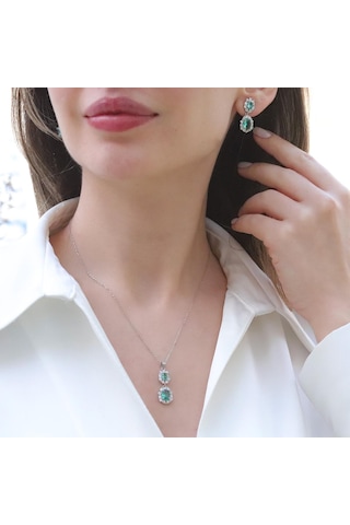 Elips Çiçek Paraiba Taşlı Gümüş Set Gümüş