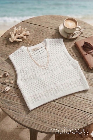 Moibody Kadın Beyaz Delikli Örgü Plaj Bluzu - Bohem Stil Crop Triko Süveter - Bikini Üstü Pareo Beyaz Beyaz