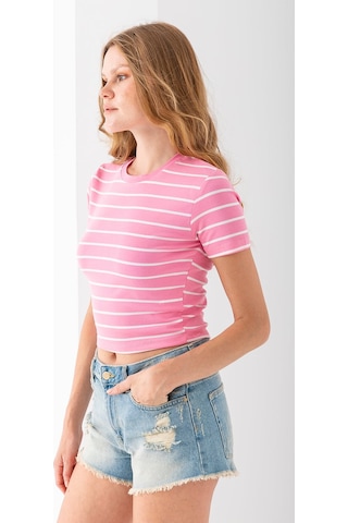 Giysa Kadın Bisiklet Yaka Çizgili Pamuklu Crop T-shirt Pembe Beyaz - 25512 Pembe - Beyaz