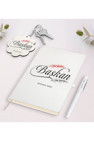 Kişiye Özel Başkan Beyaz Defter Kalem Ve Anahtarlık Seti-1