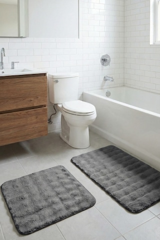 2 Li Peluş Bubble Banyo Paspas Seti 60x100+50x60 Cm Kaymaz Lateks Taban, Yumuşak Yüzey, Yıkanabilir Antrasit