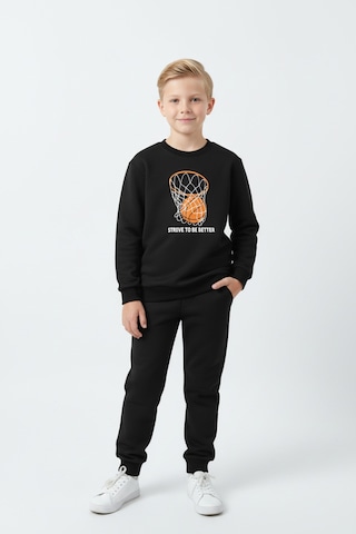 Fyk Kids 3 İplik Kalın Yuvarlak Yaka Basketbol Potası Baskı Detaylı Kışlık Erkek Çocuk Eşofman Takımı Siyah