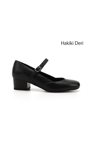 Gönderi(R) Gönderi R Siyah Kısa Kalın Topuklu Mary Jane Hakiki Deri Ayakkabı Siyah