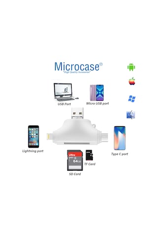 Microcase AL2743 4 in 1 SD Kart Okuyucu Type-C Lightning Micro USB to USB Çevirici Beyaz
