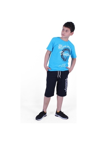 Fyk Kids Vintage Custom Yazı Baskılı Erkek Çocuk Yazlık Takım Turkuaz