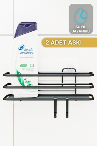 Banyo Düzenleyici Şampuanlık Sabunluk 1 Adet Lüks Metal Yapışkanlı 2 Askılı Duş Rafı Organizer Siyah